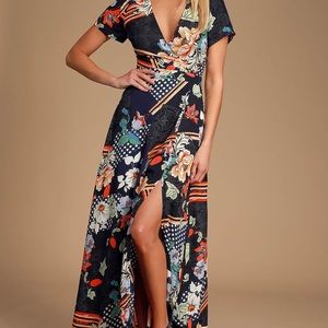 Lulus Aleta Navy Print Short Sleeve Maxi Dress